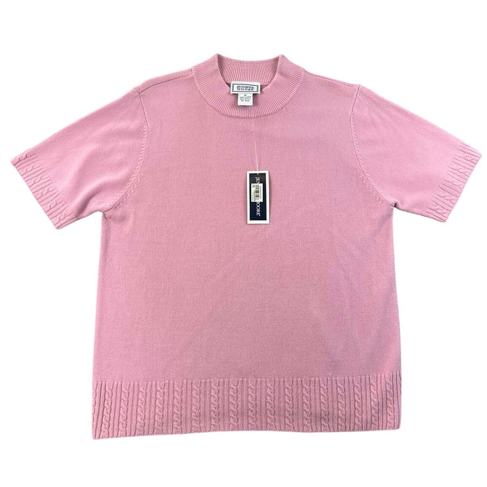 NWT Jennifer Moore Mock Neck Short Sleeve Sweater Pink Cable Trim - M